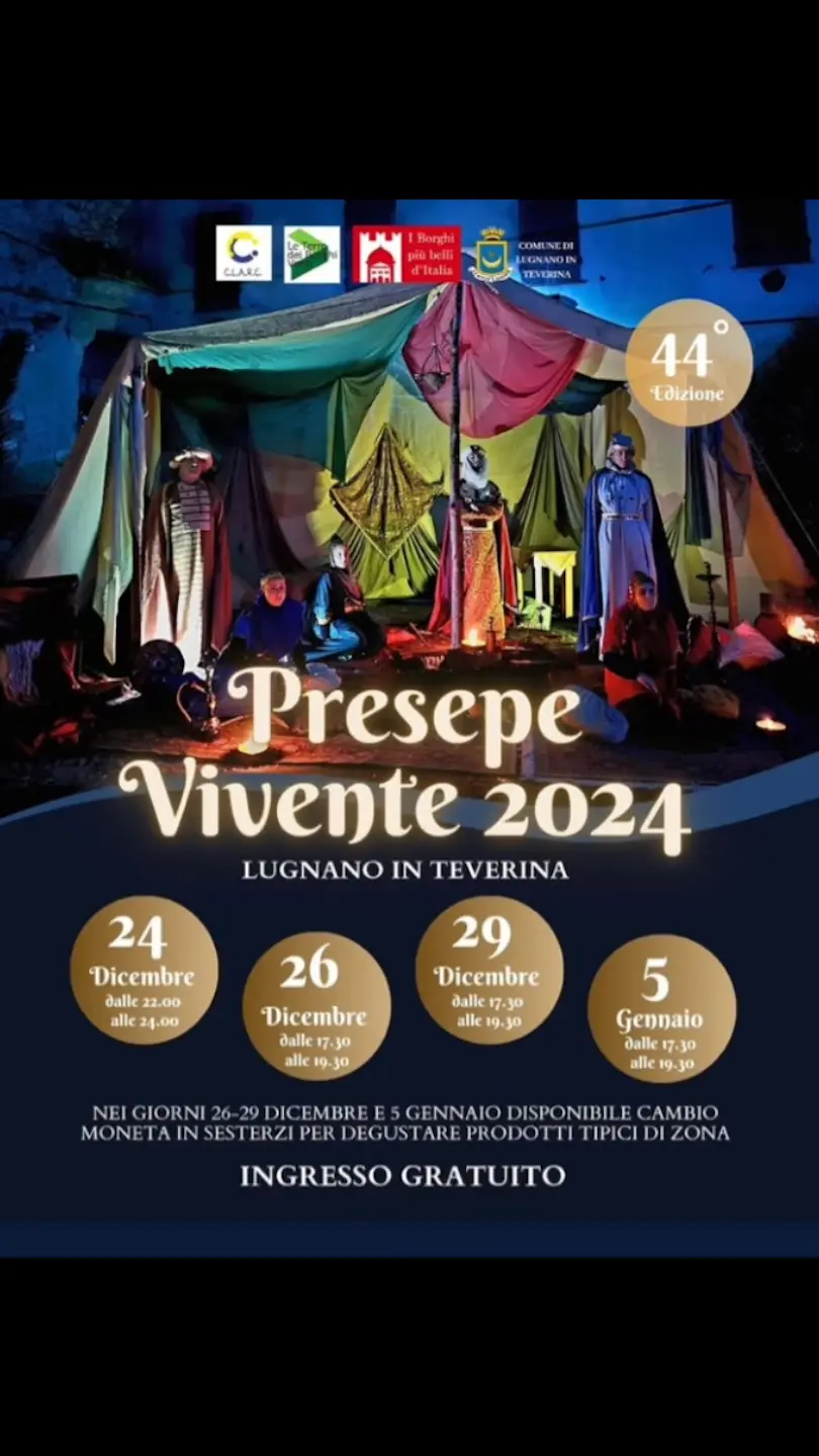 Presepe Vivente a Lugnano in Teverina durante la 44esima edizione, con figuranti in abiti d'epoca e atmosfera natalizia nel borgo medievale.